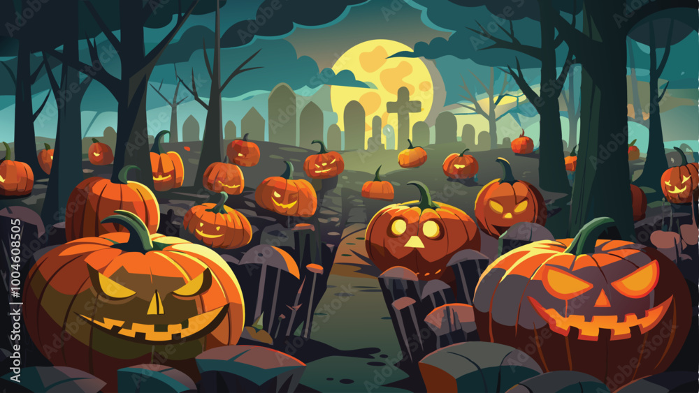 Fototapeta premium Pumpkin Patch with Glowing Jack o Lanterns Halloween Background Vector Illustration