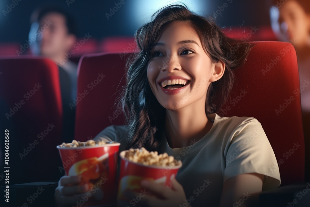 Cheerful woman enjoys movie screening at cinema Cheerful woman enjoys movie screening at cinema