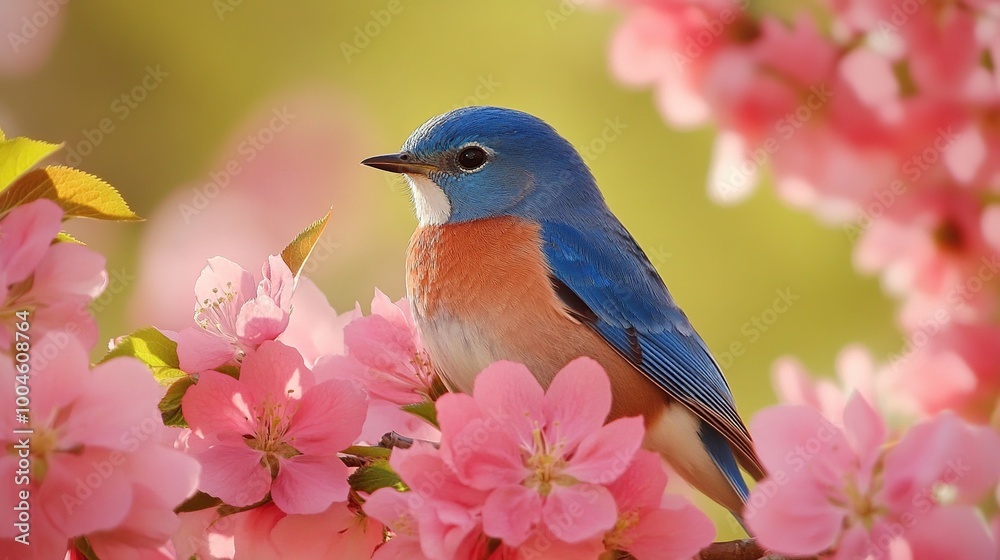 Bluebird perched among pink blossoms.