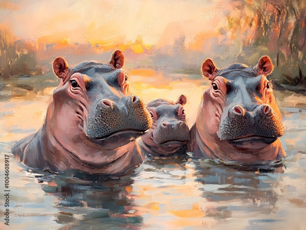 Fototapeta premium A tranquil oil painting of a family of adorable hippopotamus calves frolicking and playing in a river their rounded forms and charming expressions reflected in the warm glow of a golden hour sunset