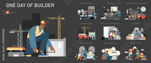 one day of builder. Flat Vector Illustration