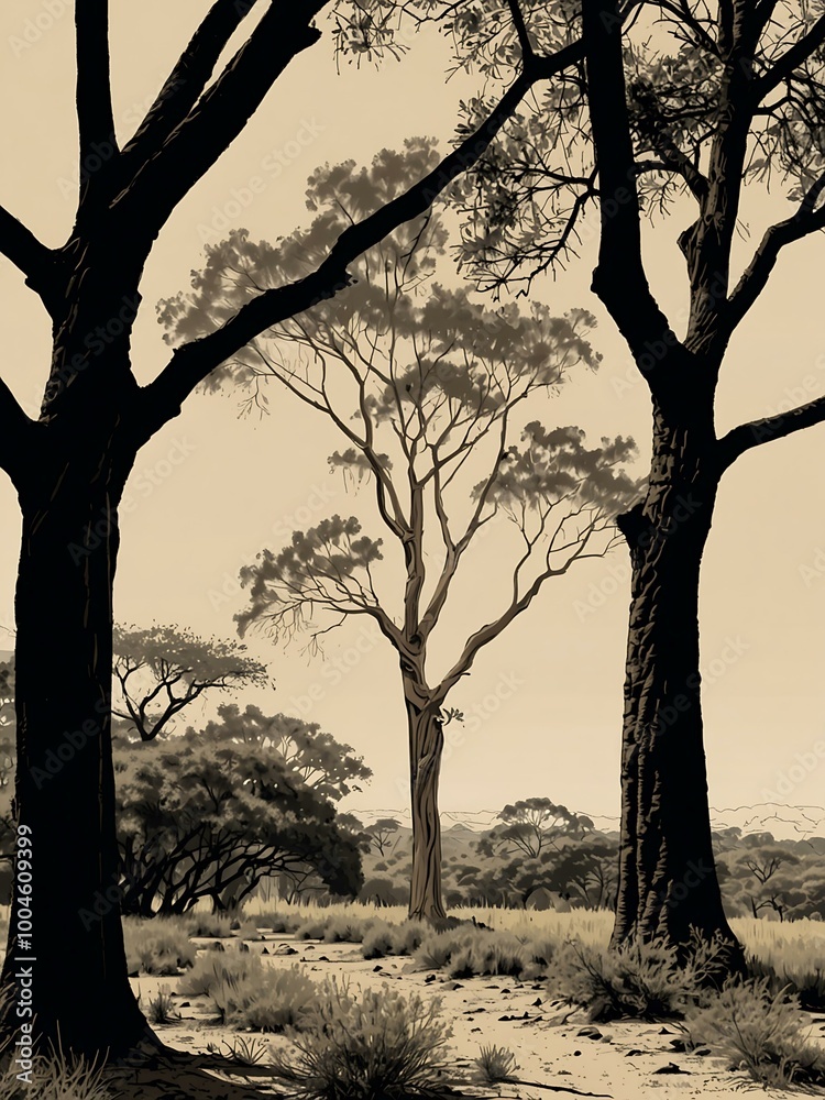 Acacia tree illustrated in continuous line art. Acacia tree illustrated in continuous line art.