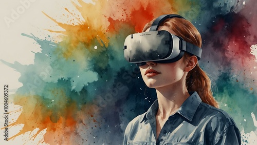 Abstract watercolor illustration of a person in VR.