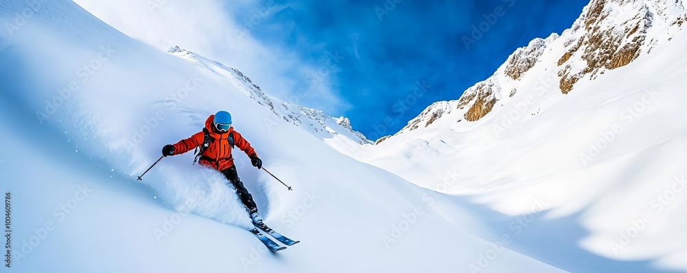 Extreme skier tackling a snow-covered couloir, deep powder run Extreme skier tackling a snow-covered couloir, deep powder run