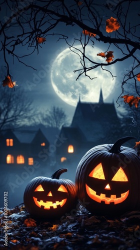 Halloween pumpkins glowing under the full moon in a spooky village photo