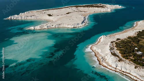 Aerial view of turquoise ocean water surrounded by white cliffs.