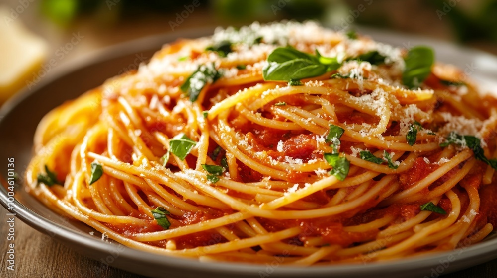 A close-up shot of a plate of spaghetti tossed in a rich marinara sauce, garnished with fresh basil and grated parmesan, showcasing a classic Italian dish. A close-up shot of a plate of spaghetti tossed in a rich marinara sauce, garnished with fresh basil and grated parmesan, showcasing a classic Italian dish.