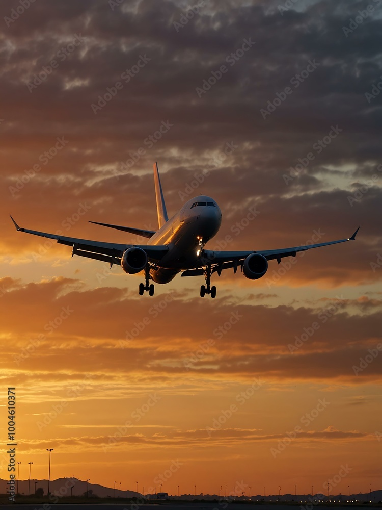 Airplane taking off at sunset from the airport runway. Airplane taking off at sunset from the airport runway.