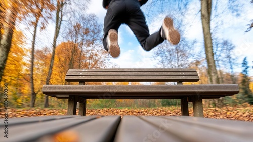 Freerunner vaulting over a park bench, motion blur, athletic parkour expression photo