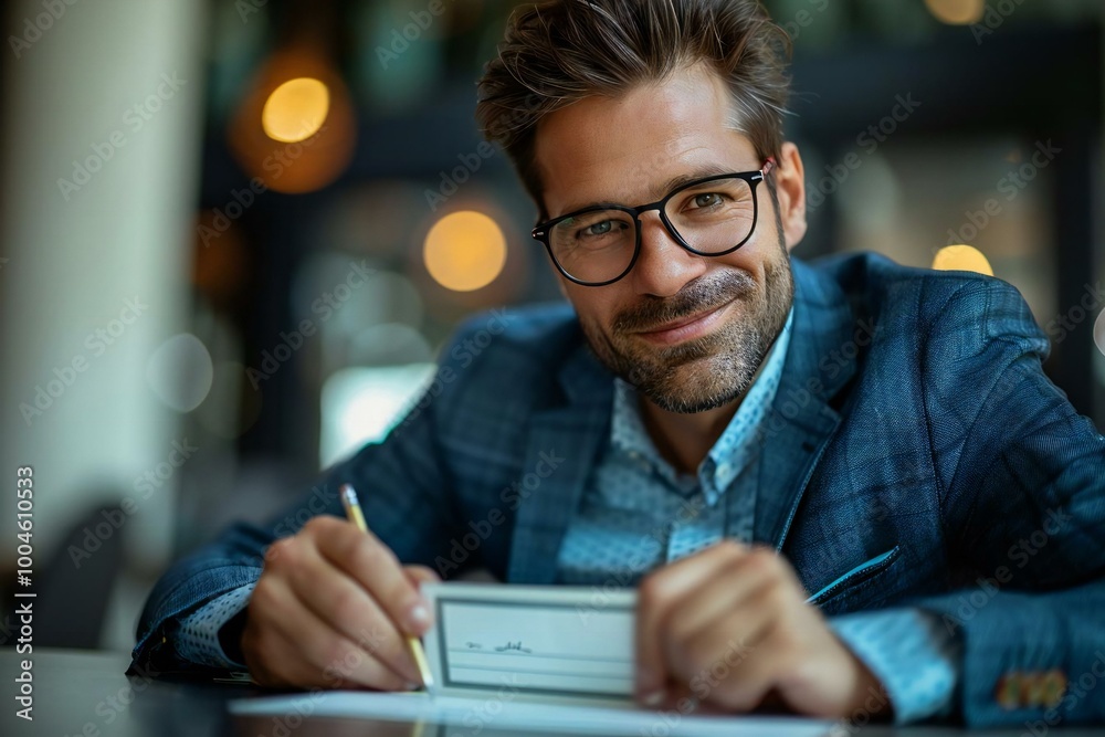 Close-up of a beautiful businessman smiling and wearing glasses while filling out a blank cheque for payment. Close-up of a beautiful businessman smiling and wearing glasses while filling out a blank cheque for payment.