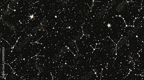 Wallpaper Mural A seamless pattern of gold constellations on a black background, with scattered white stars. Torontodigital.ca