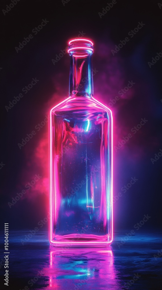 Empty glass bottle glowing with pink and blue neon light Empty glass bottle glowing with pink and blue neon light