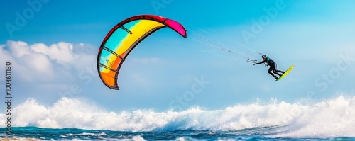 Kite surfer riding above crashing waves, vibrant kite, coastal extreme sport