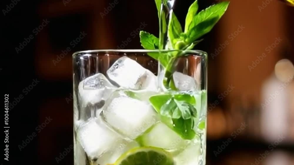 A vibrant, refreshing vertical video showcasing the making of a revitalizing gin and tonic. The scene opens with a close-up of a crystal-clear glass filled with large, perfectly cut ice cubes A vibrant, refreshing vertical video showcasing the making of a revitalizing gin and tonic. The scene opens with a close-up of a crystal-clear glass filled with large, perfectly cut ice cubes