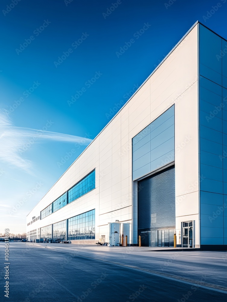 Modern Industrial Building Against a Blue Sky, Showcasing Contemporary Architecture, Structural Design, and Industrial Innovation in a Clean Urban Environment Modern Industrial Building Against a Blue Sky, Showcasing Contemporary Architecture, Structural Design, and Industrial Innovation in a Clean Urban Environment