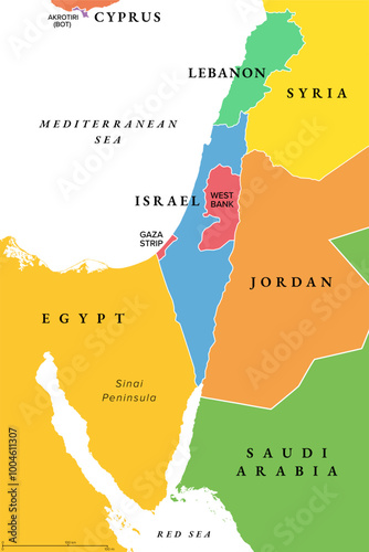 Israel, and the Sinai Peninsula, colorful political map. Southern Levant, arid geographical and historical region, encompassing Israel, Palestine, Jordan, Lebanon, southern Syria and Sinai Peninsula.
