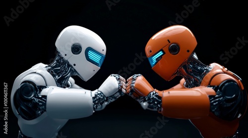 Robotic Showdown: Two futuristic robots face off in a tense standoff, their metallic bodies gleaming under dramatic lighting.  A captivating image exploring themes of artificial intelligence.