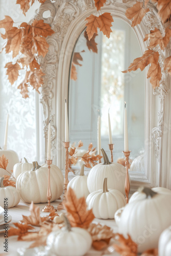 Wallpaper Mural Beautiful home autumn decor with candles, decorative pumpkins and a bouquet of autumn leaves in a vase Torontodigital.ca