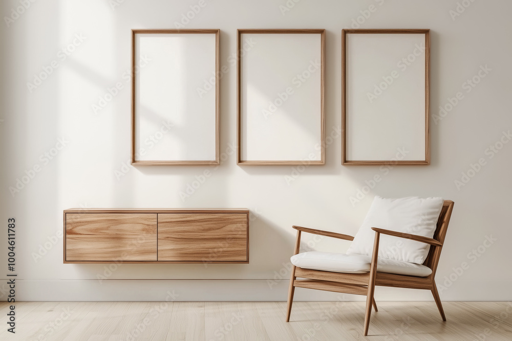 Mockup wooden frames for wall decoration in a room with modern interior and luxury furniture Mockup wooden frames for wall decoration in a room with modern interior and luxury furniture