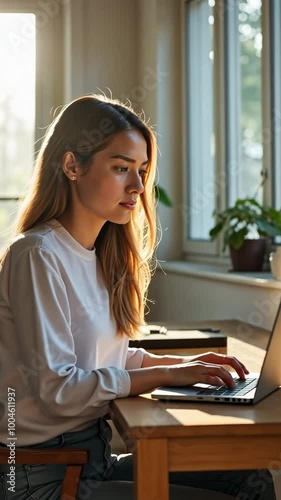 A woman is sitting at a desk with a laptop in front of her. She is wearing a white shirt and jeans