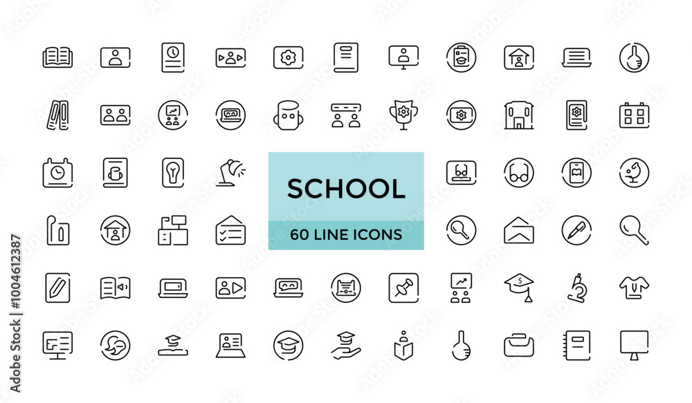School line icons collection, editable stroke web icon of textbook, biology, maths, bag, school, pencilbox, students, desk,knowledge,library, vector stock, Thin outline icon pack, Pixel perfect.