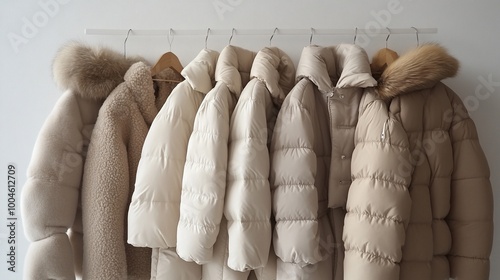 A row of five winter coats in neutral tones hanging on a clothes rack.