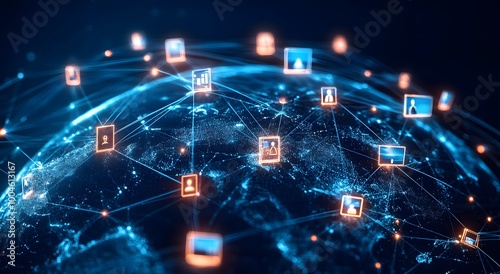 Abstract digital globe surrounded by multiple television screens. representing global network connectivity, news and media connectivity. A symbol of the impact of modern communication technology