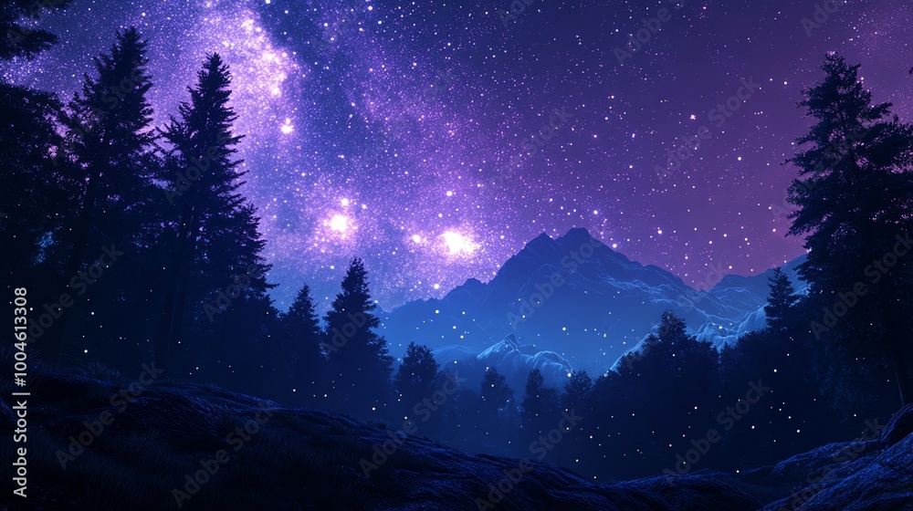 A dark forest with tall pines silhouetted against a starry night sky. A dark forest with tall pines silhouetted against a starry night sky.