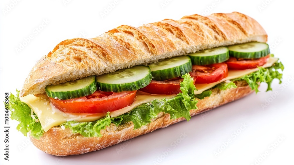 Delicious sandwich with lettuce, cheese, tomato and cucumber on white background Delicious sandwich with lettuce, cheese, tomato and cucumber on white background