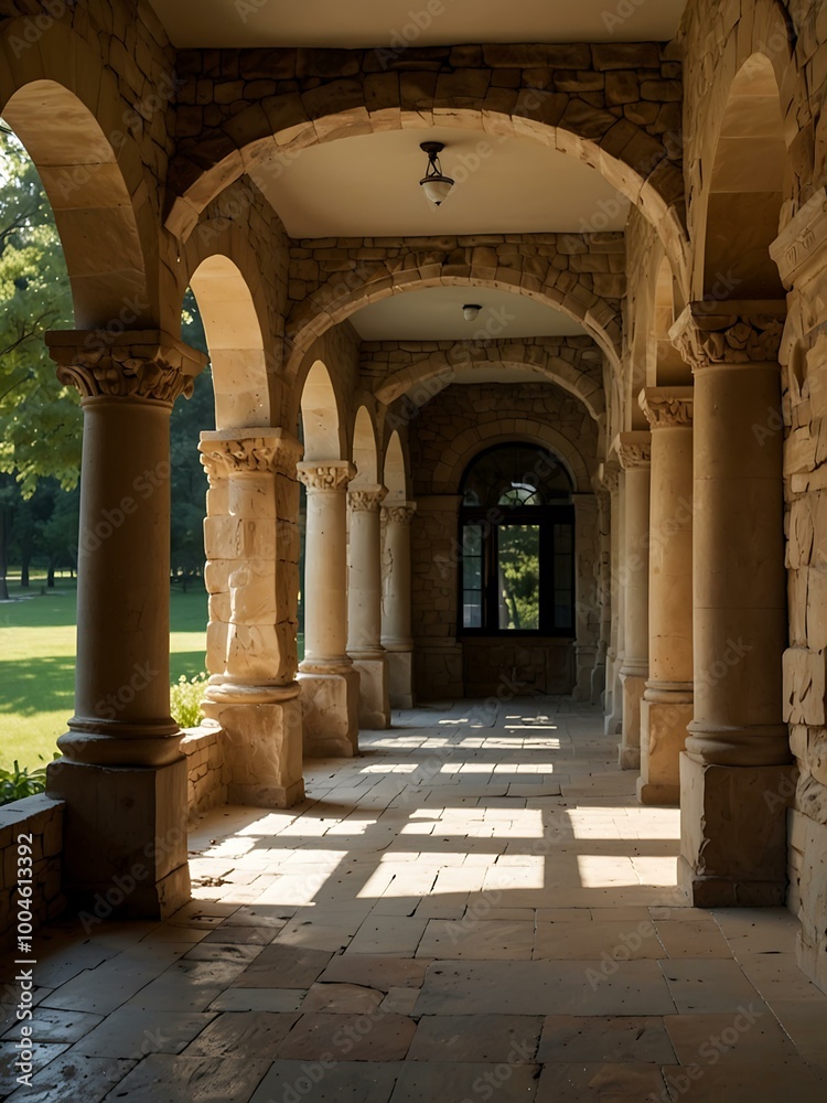 Arched colonnade with sunlit stone columns. Arched colonnade with sunlit stone columns.