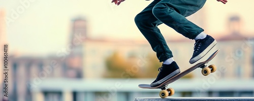 Skateboarder executing an ollie on an urban ledge, city backdrop