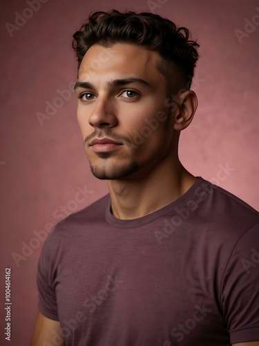 Athletic man posing against a pink backdrop in a studio.