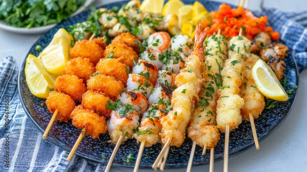A colorful arrangement of kushikatsu on a platter, featuring a mix of seafood and vegetables, garnished with lemon wedges and fresh herbs, perfect for sharing with friends. A colorful arrangement of kushikatsu on a platter, featuring a mix of seafood and vegetables, garnished with lemon wedges and fresh herbs, perfect for sharing with friends.