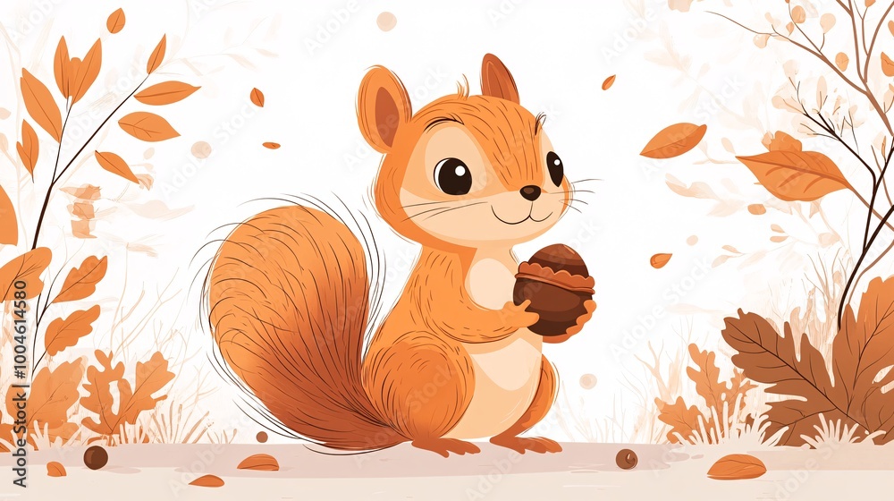 Whimsical Squirrel with Acorn - Modern Vector Illustration in Retro Style with Bright Colors and Charming Patterns Whimsical Squirrel with Acorn - Modern Vector Illustration in Retro Style with Bright Colors and Charming Patterns