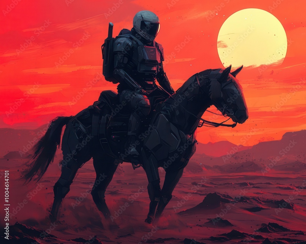 Fototapeta premium Futuristic knight with holographic armor, riding a biomechanical steed across a desert landscape under a binary star system, Sci-Fi Fantasy, Digital Art
