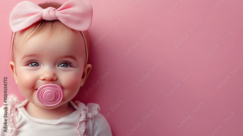 Smiling baby girl with pink bow. Ideal for advertising baby products, clothing, and accessories. Smiling baby girl with pink bow. Ideal for advertising baby products, clothing, and accessories.