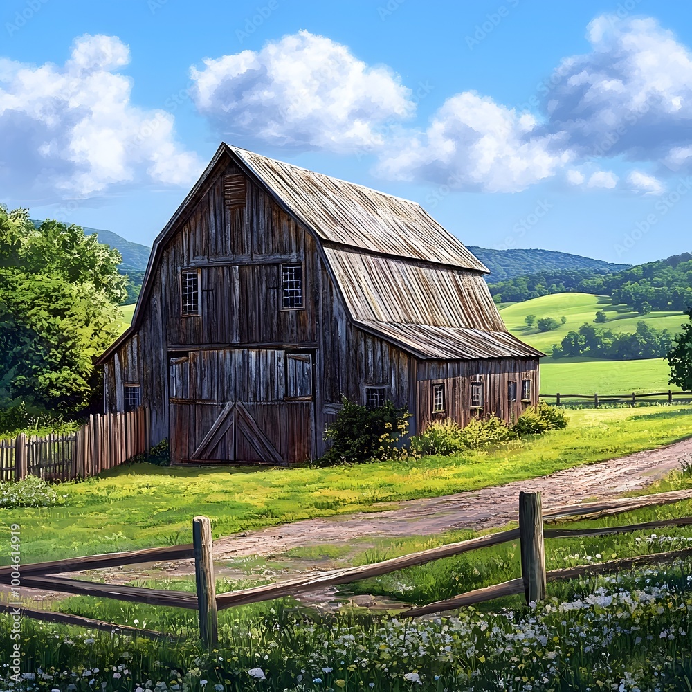 Charming old fashioned barn nestled in a serene bucolic countryside landscape with lush green pastures rolling hills a wooden fence and a clear blue sky with fluffy white clouds The weathered Charming old fashioned barn nestled in a serene bucolic countryside landscape with lush green pastures rolling hills a wooden fence and a clear blue sky with fluffy white clouds The weathered