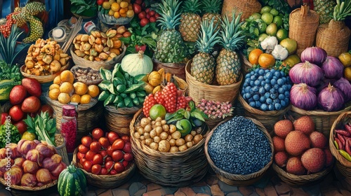 A colorful market scene showcasing fresh Thai ingredients such as herbs, spices, and tropical fruits, emphasizing the foundation of Thai cooking and the importance of quality produce.