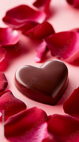 Heart-shaped chocolate praline surrounded by rose petals for valentine's day