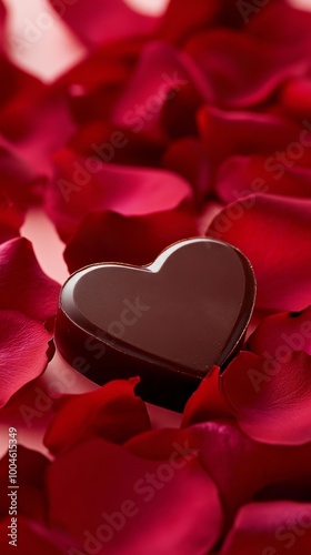 Heart shaped chocolate praline surrounded by rose petals