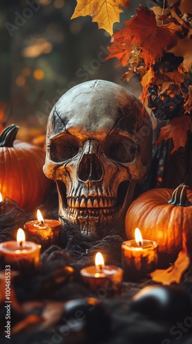 Halloween skull sitting on table decorated with pumpkins and candles