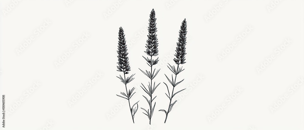 Naklejka premium Simple black and white line drawing of three lavender flowers.