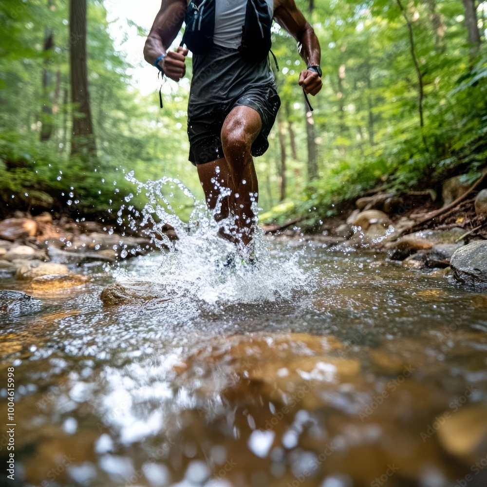 Trail runner splashing through a shallow creek, forest setting, dynamic energy Trail runner splashing through a shallow creek, forest setting, dynamic energy