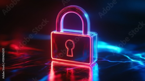 Neon padlock glowing on reflective surface with red and blue lights