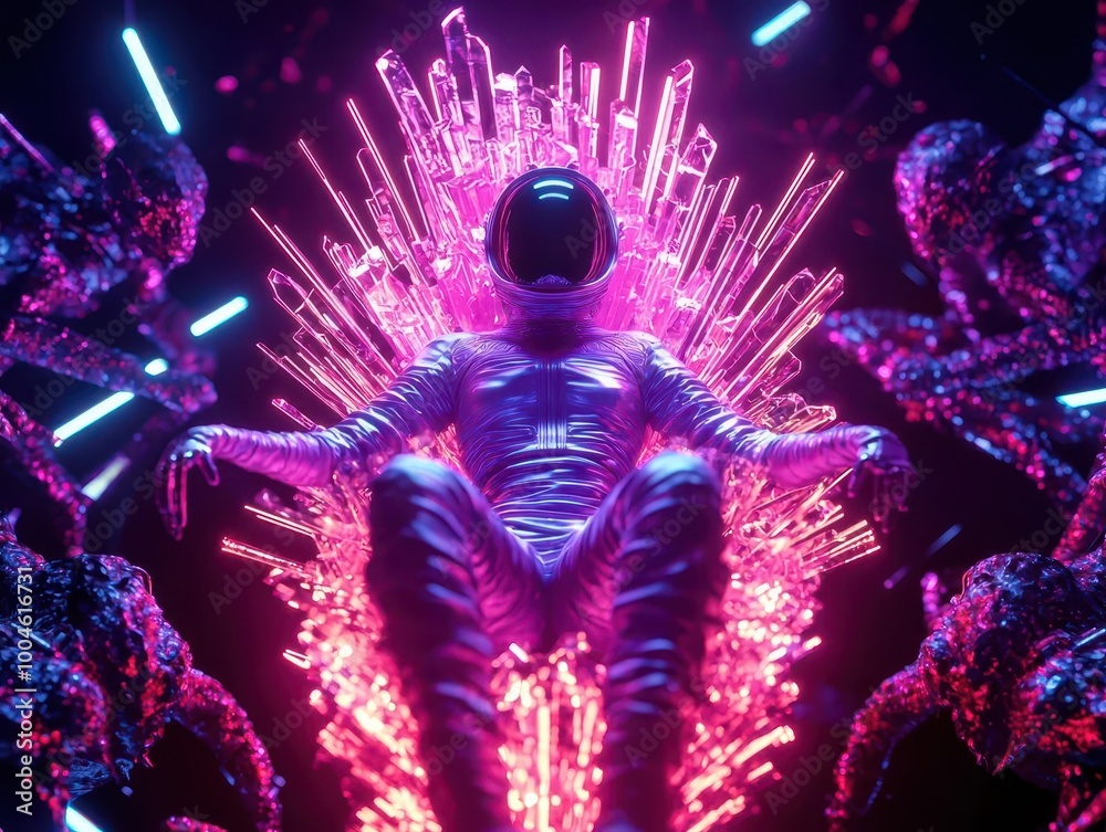 Alien queen with glowing energy surrounding her, sitting on a throne of light and crystal, surrounded by alien creatures, Sci-Fi Fantasy, 3D Render Alien queen with glowing energy surrounding her, sitting on a throne of light and crystal, surrounded by alien creatures, Sci-Fi Fantasy, 3D Render