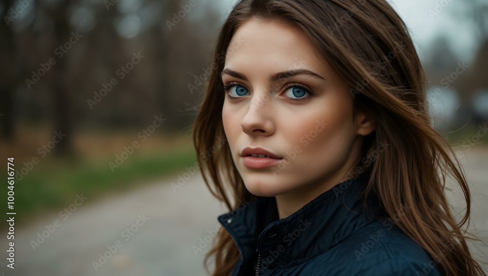 Beautiful woman with brown hair and blue eyes in a black jacket. Beautiful woman with brown hair and blue eyes in a black jacket.
