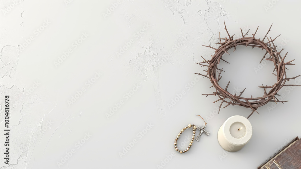 Crown of thorns with rosary and candle on white background Crown of thorns with rosary and candle on white background