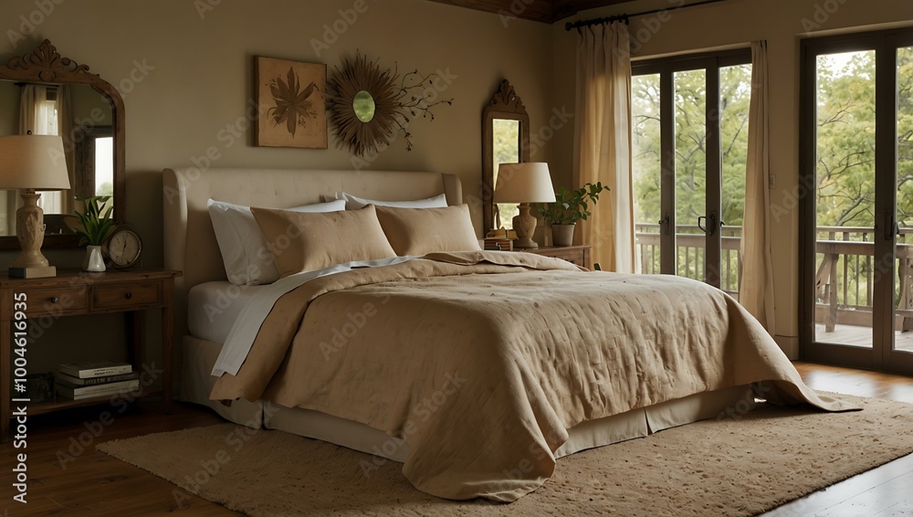 Bedroom with tan bedspread and natural decor. Bedroom with tan bedspread and natural decor.