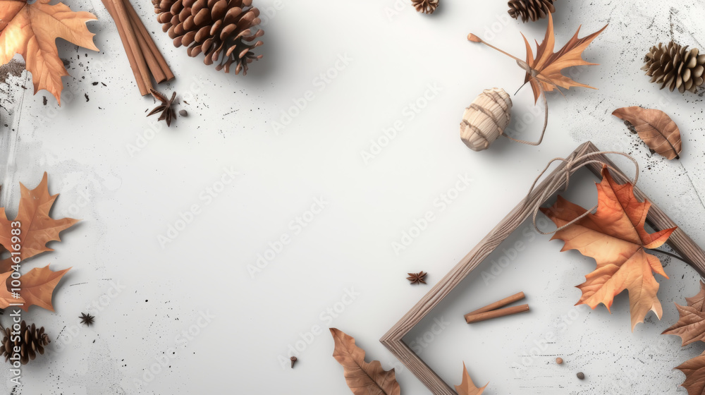 Rustic autumn leaves and pinecones with a wooden frame Rustic autumn leaves and pinecones with a wooden frame