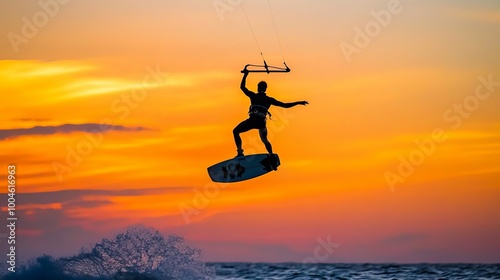 Windsurfer catching air, vibrant sunset